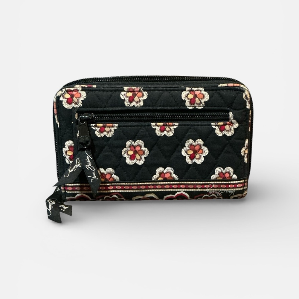 Vera Bradley Pirouette Quilted Wallet Black Red Pink Flowers Zip Around 7.5”